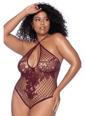 Body string grande taille en résille couleur cerise - MAL1115XCHRY